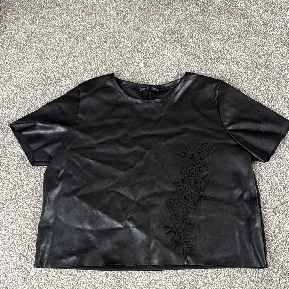 Zara Black Faux Leather Embroidered Top